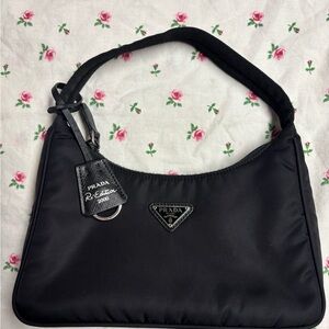 Prada Black Nylon Shoulder Bag with Logo Plaque